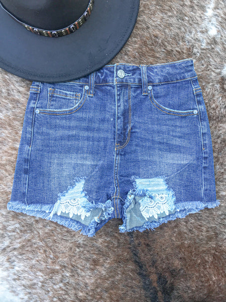 High Waist Lace Lining Denim Shorts