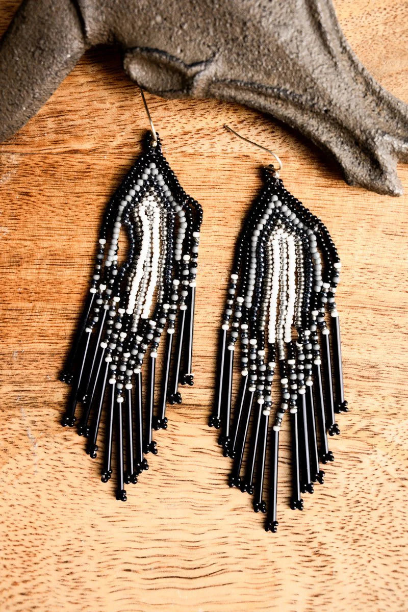 River Black Bead Fringe Earrings