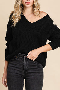 V-Neck Solid Cable Knit Sweater