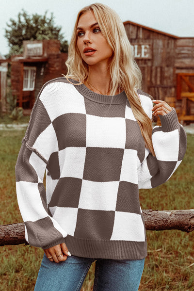 Plaid Checkered Bishop Sleeve Sweater