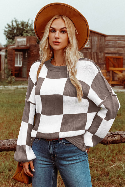 Plaid Checkered Bishop Sleeve Sweater
