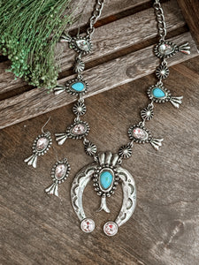 Squash Blossom Turquoise Crystal Necklace and Earring Set