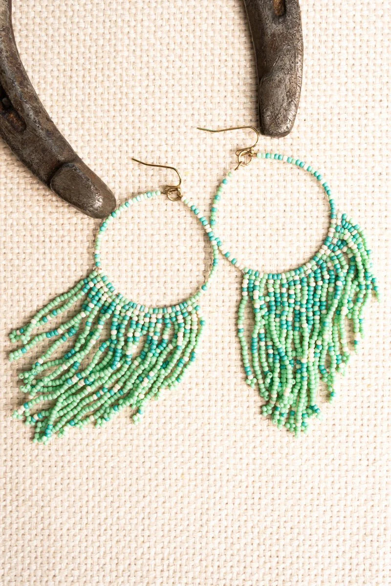 Mint Seed Bead Teardrop Fringe Earrings