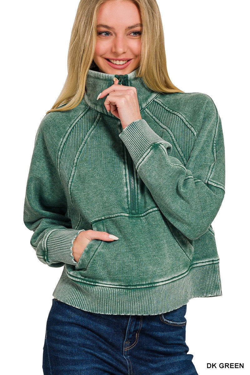 Acid Wash Half Zip Pullover Sweatshirt