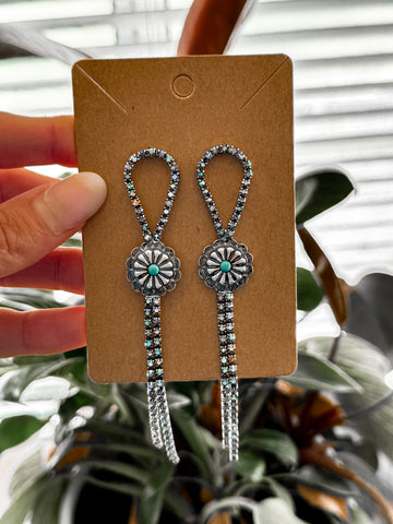 Rhinestone and Turquoise Bolo Silvertone Earrings