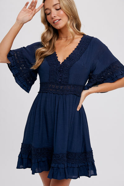 V-Neck Lace Trim Dress