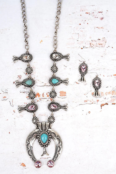 Squash Blossom Turquoise Crystal Necklace and Earring Set