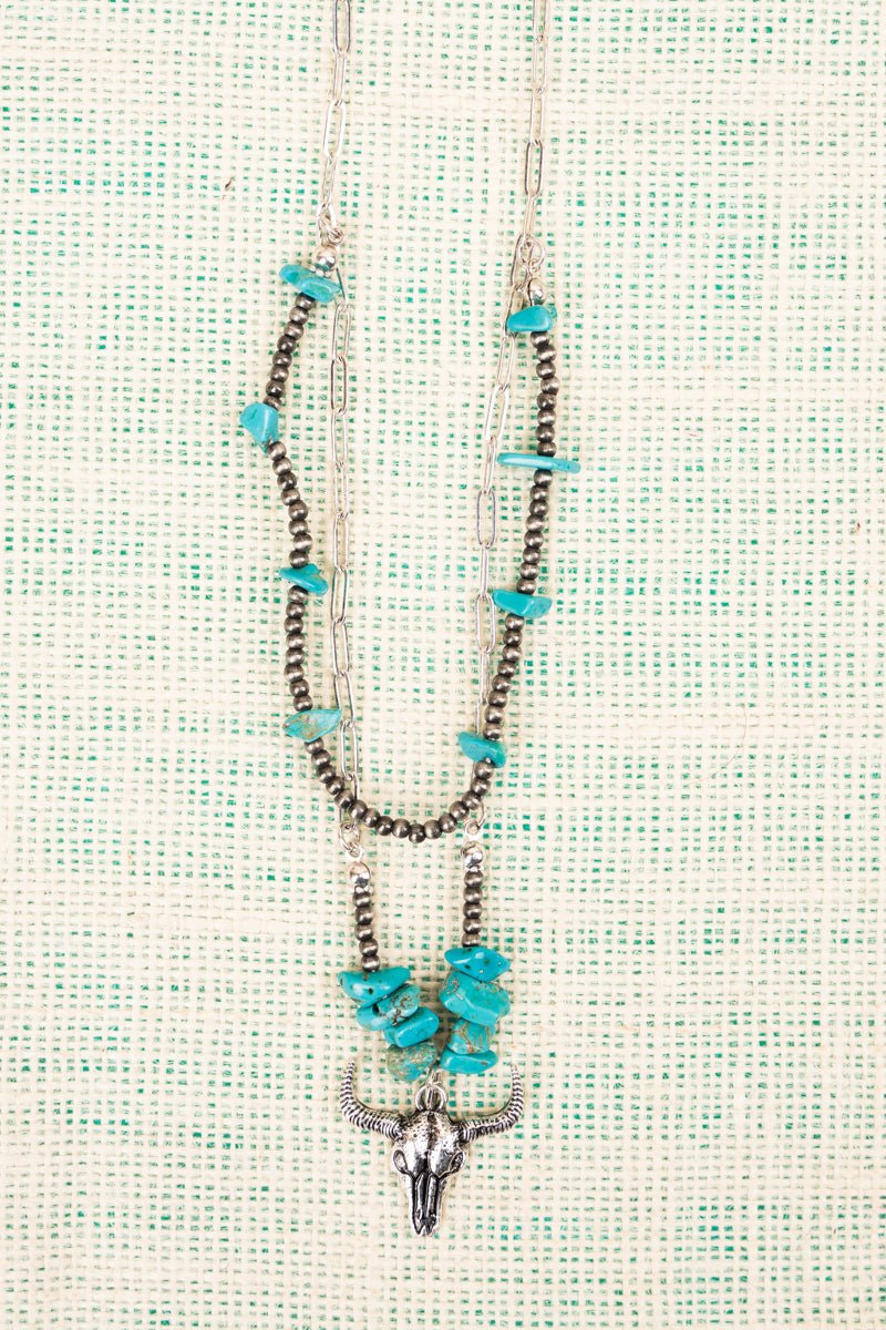 Steer Turquoise Silver Pearl Layered Necklace