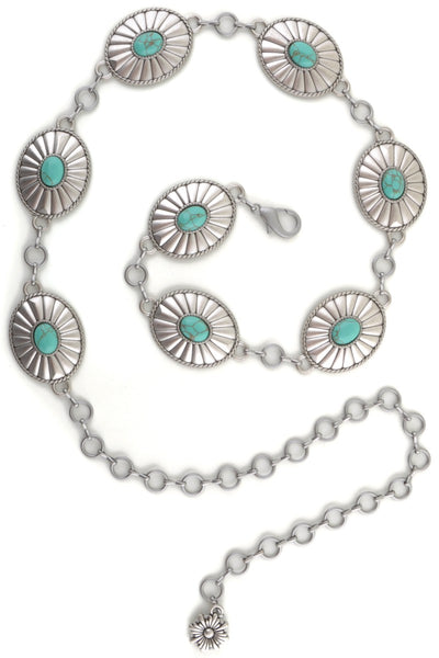 Silver Western Turquoise Oval Stone Chain Belt