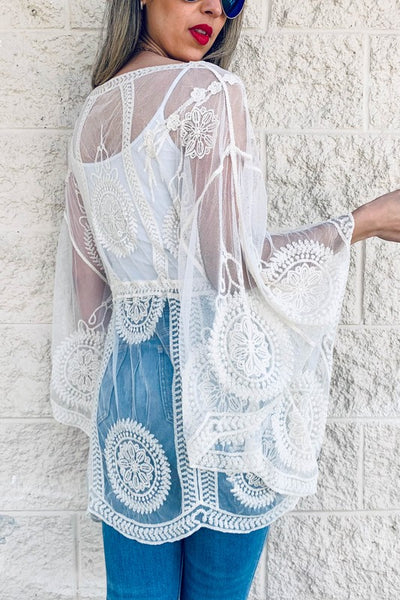 Floral Sheer Top With Tassel Belt Poncho