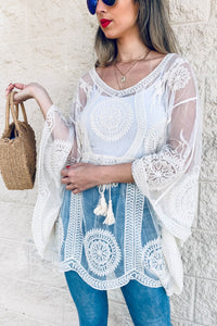 Floral Sheer Top With Tassel Belt Poncho