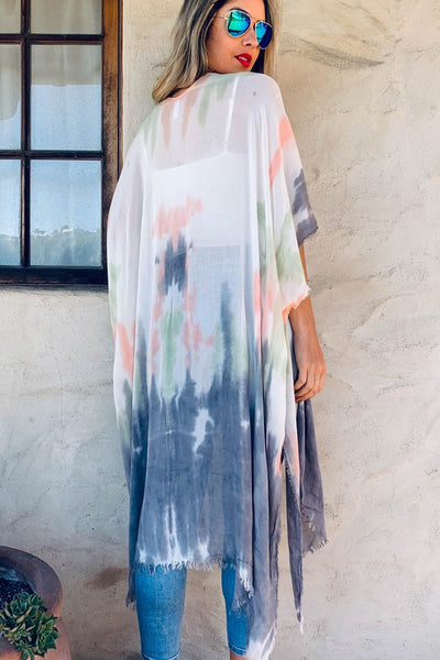 Tie Dye Printed Kimono With Fringe