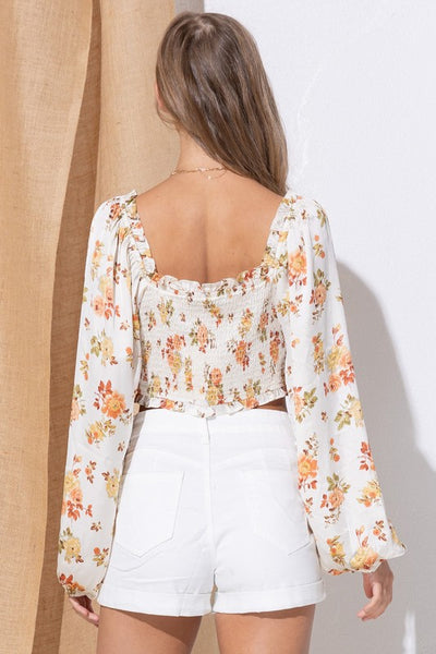 Ruched Puff Satin Floral Blouse