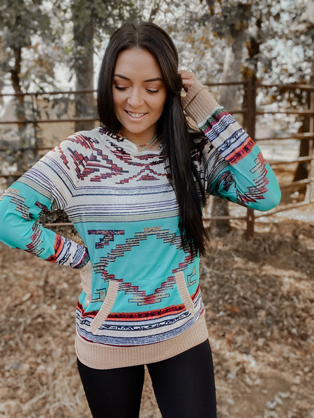 Aztec Printed Knitted Hoodies With Pocket