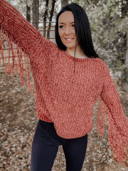 Soft chenille sweater with fringe sleeve