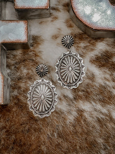 Western Burnished Silvertone Oval Concho Earrings