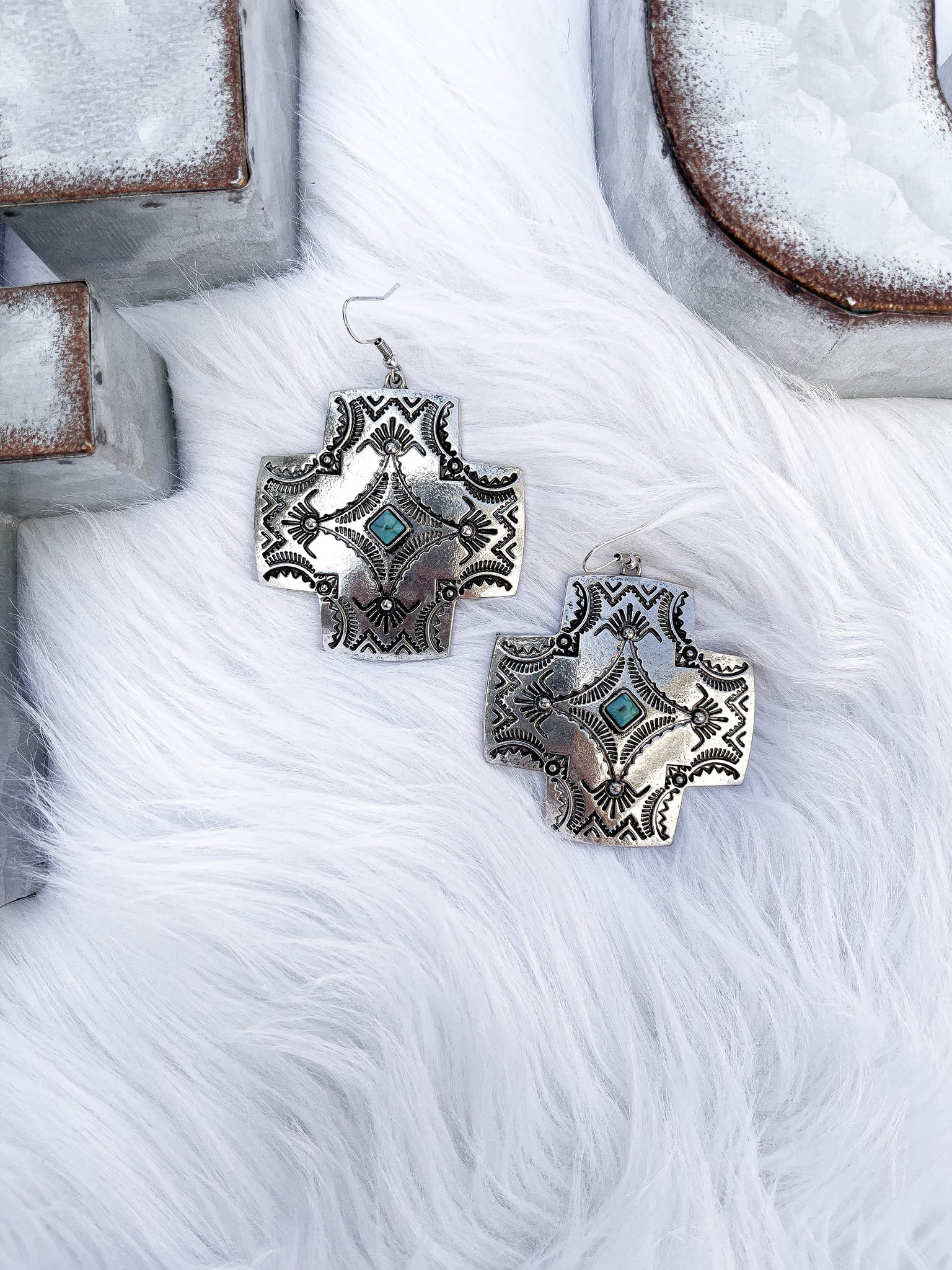 Silvertone & Turquoise Viejo Cross Earrings