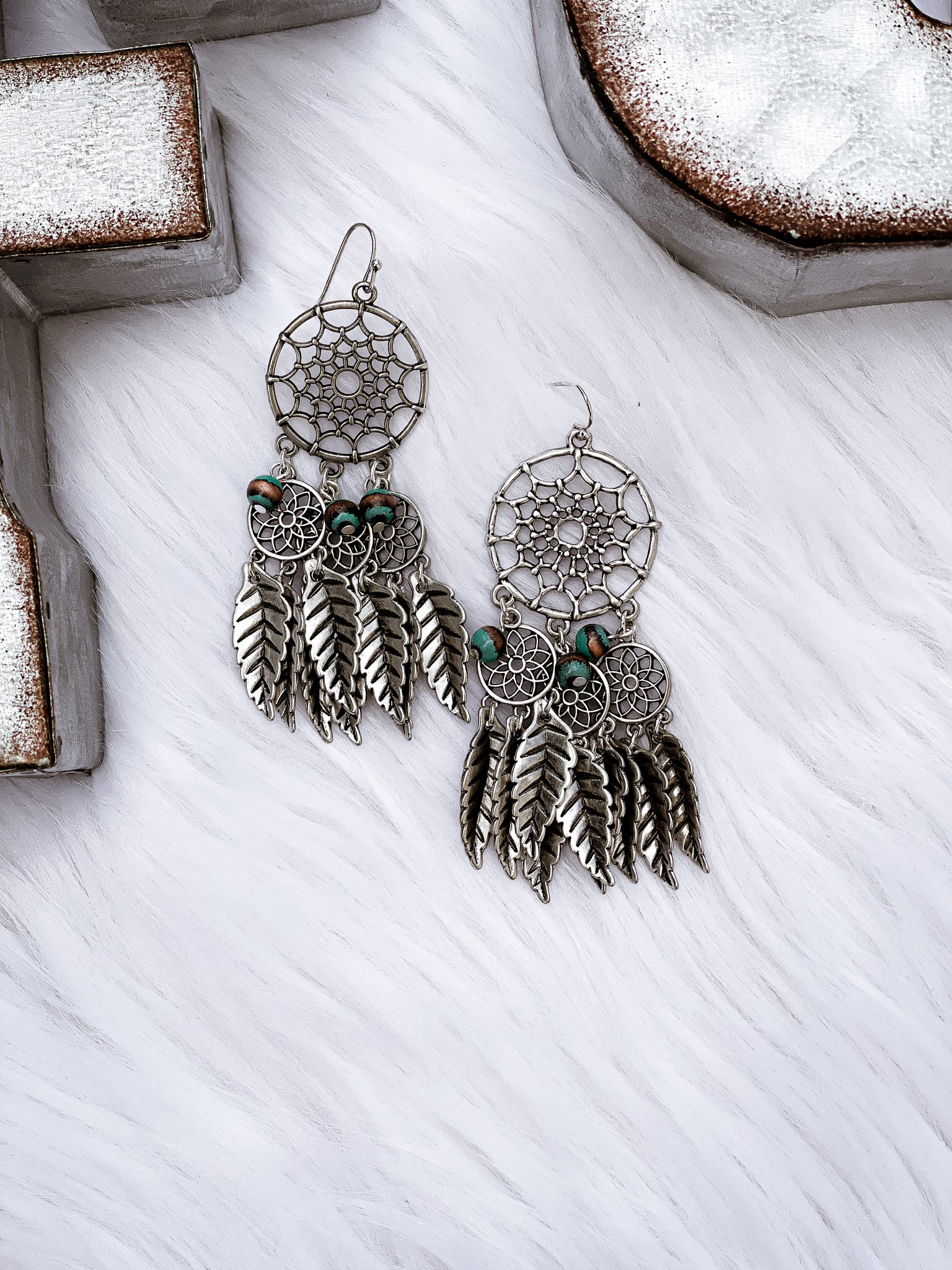 Silvertone And Turquoise Bead Dreamcatcher Earrings