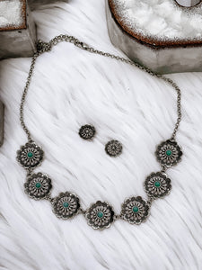 Turquoise Fleur Silvertone Necklace And Earring Set