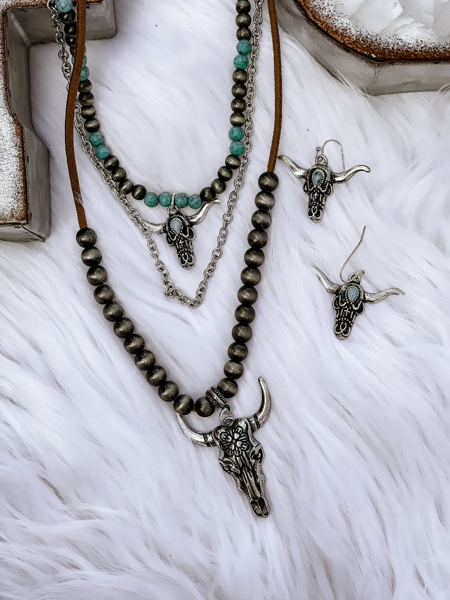 Silverpeak Turquoise Steer Skull Layered Necklace And Earring Set