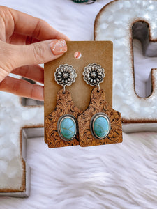 Turquoise & Leather Tooling Wood Cattle Tag Earrings