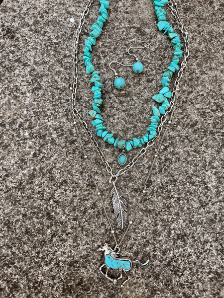 Turquoise Layered Necklace And Earring Set
