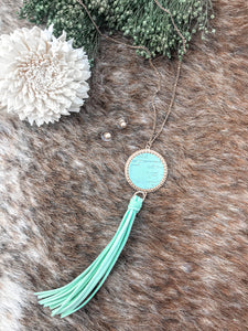 Mint Cork Disk & Faux Suede Tassel Necklace & Earring Set