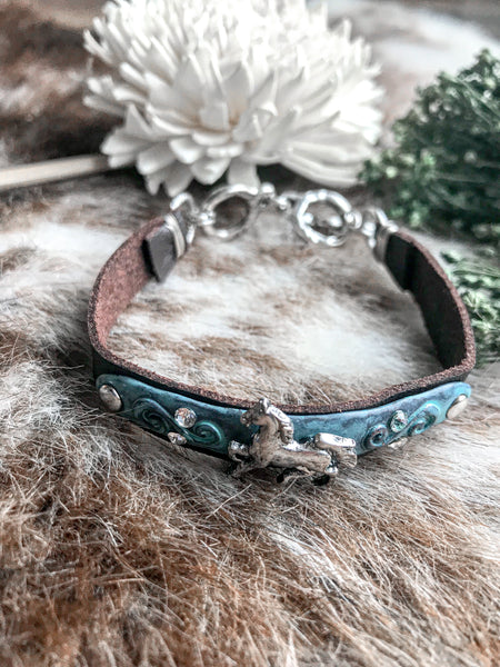 Patina And Silvertone Horse Brown Faux Leather Toggle Bracelet