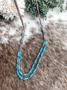 Marbled Turquoise and Silvertone Block Beaded Cord Necklace