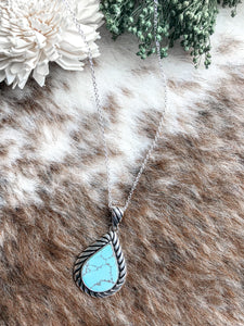 Silvertone Rope Framed Turquoise Teardrop Necklace
