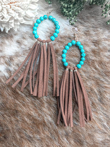 Turquoise Beaded Tassel Fringe Earrings