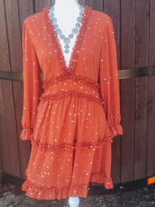 Rust Glitter Star V-Neck Backless Ruffle Mini Dress