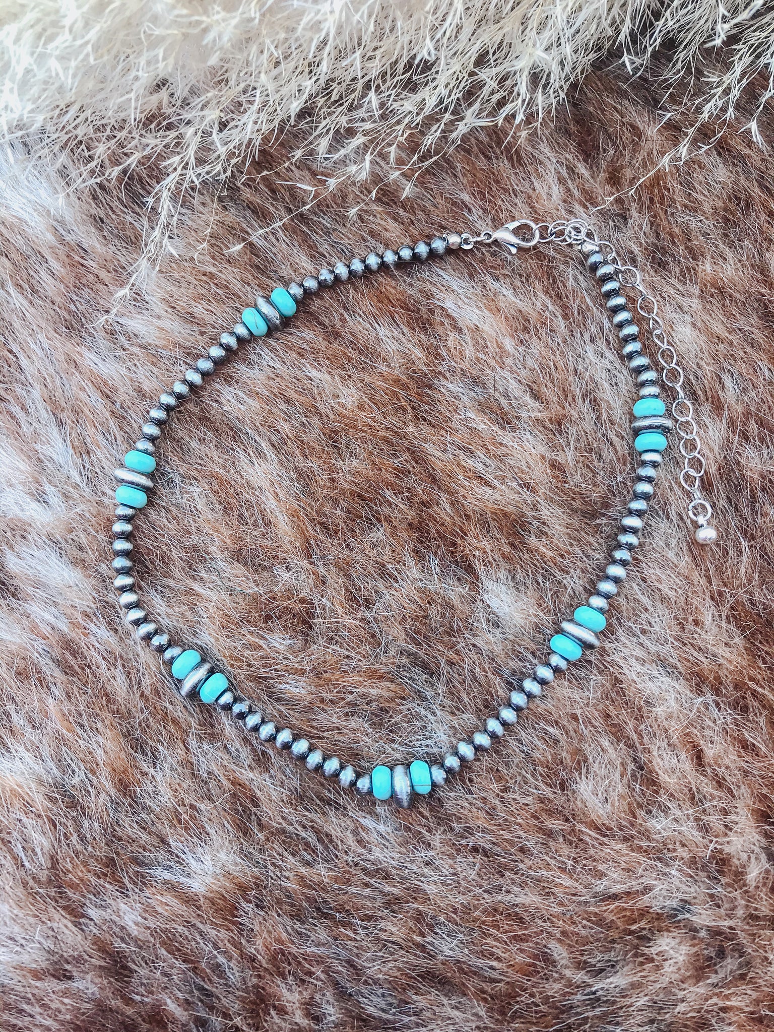 Turquoise Disk And Silver Navajo Inspired Pearl Choker