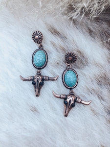 Turquoise And Coppertone Steer Skull Drop Earrings