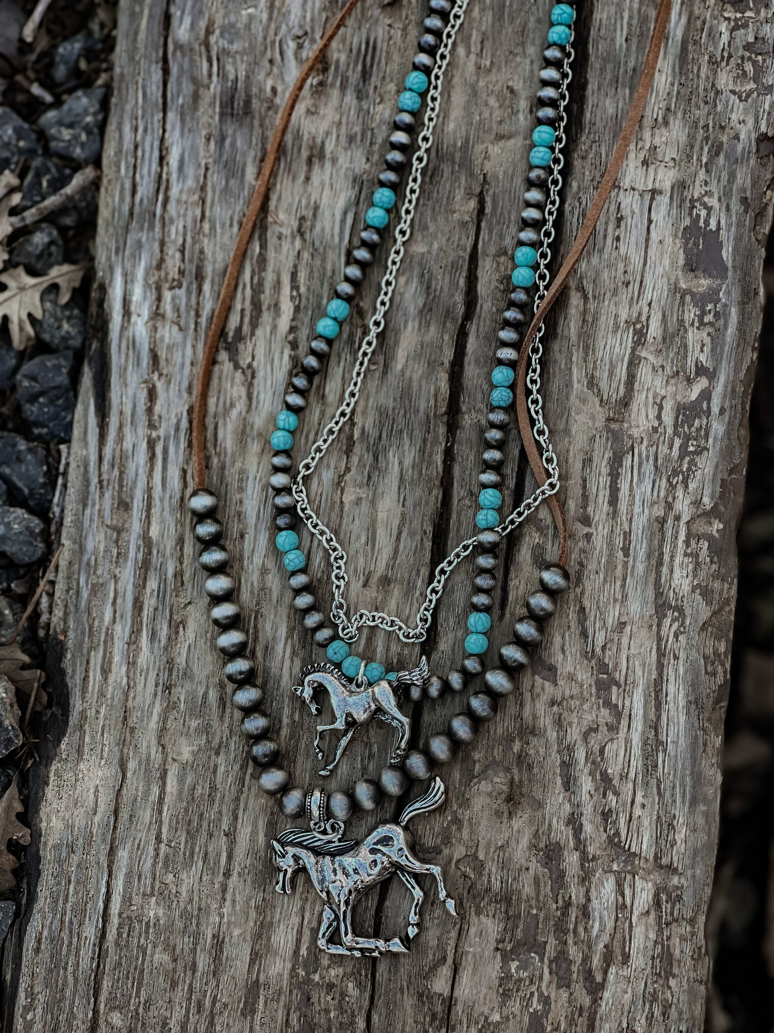 Turquoise Layered Horse Necklace and Earring Set