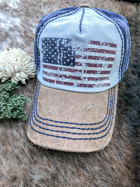 Distressed Blue And White American Flag Cap