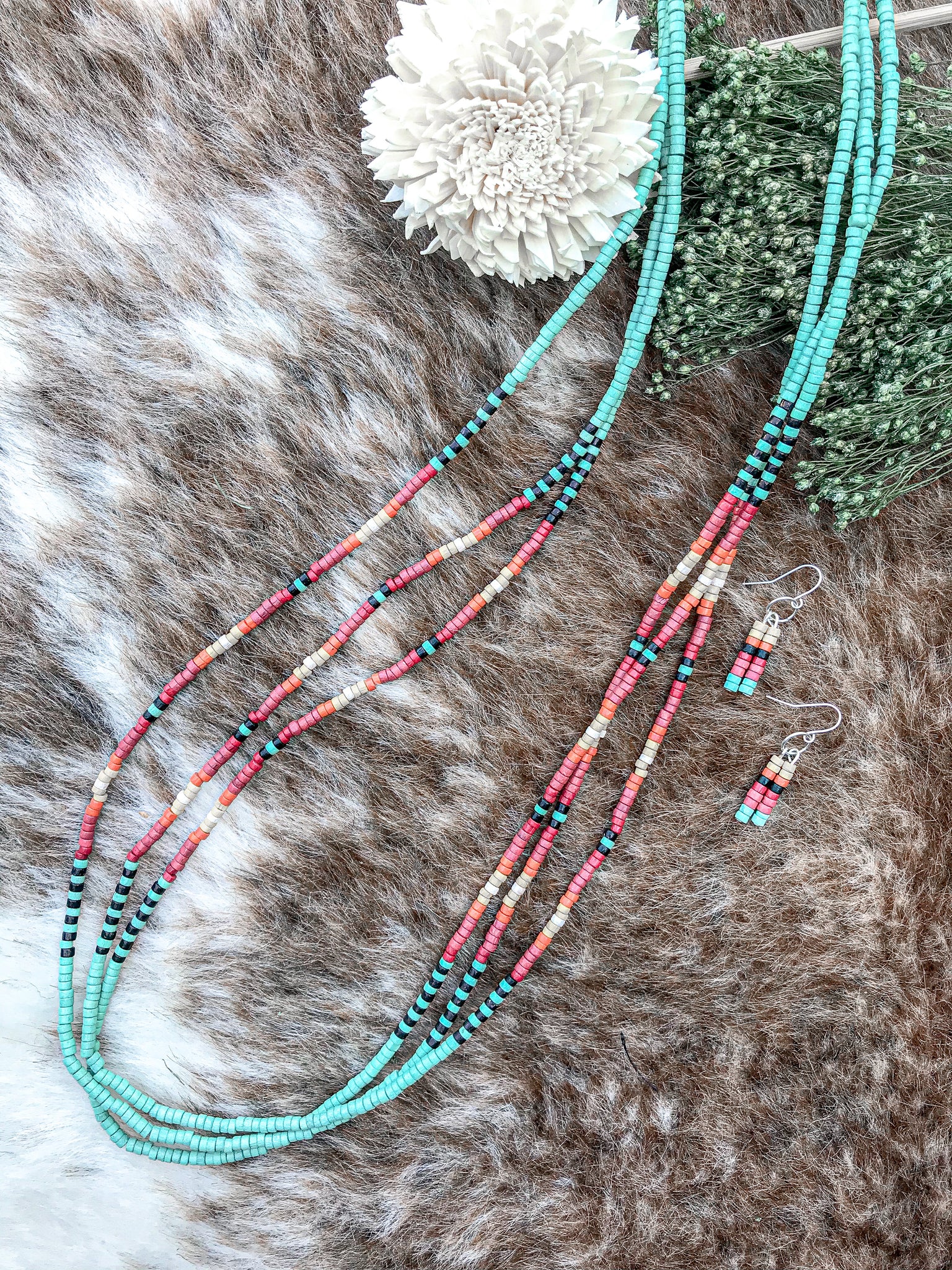 Layered Turquoise Multi-Color Wood Beaded Necklace And Earring Set
