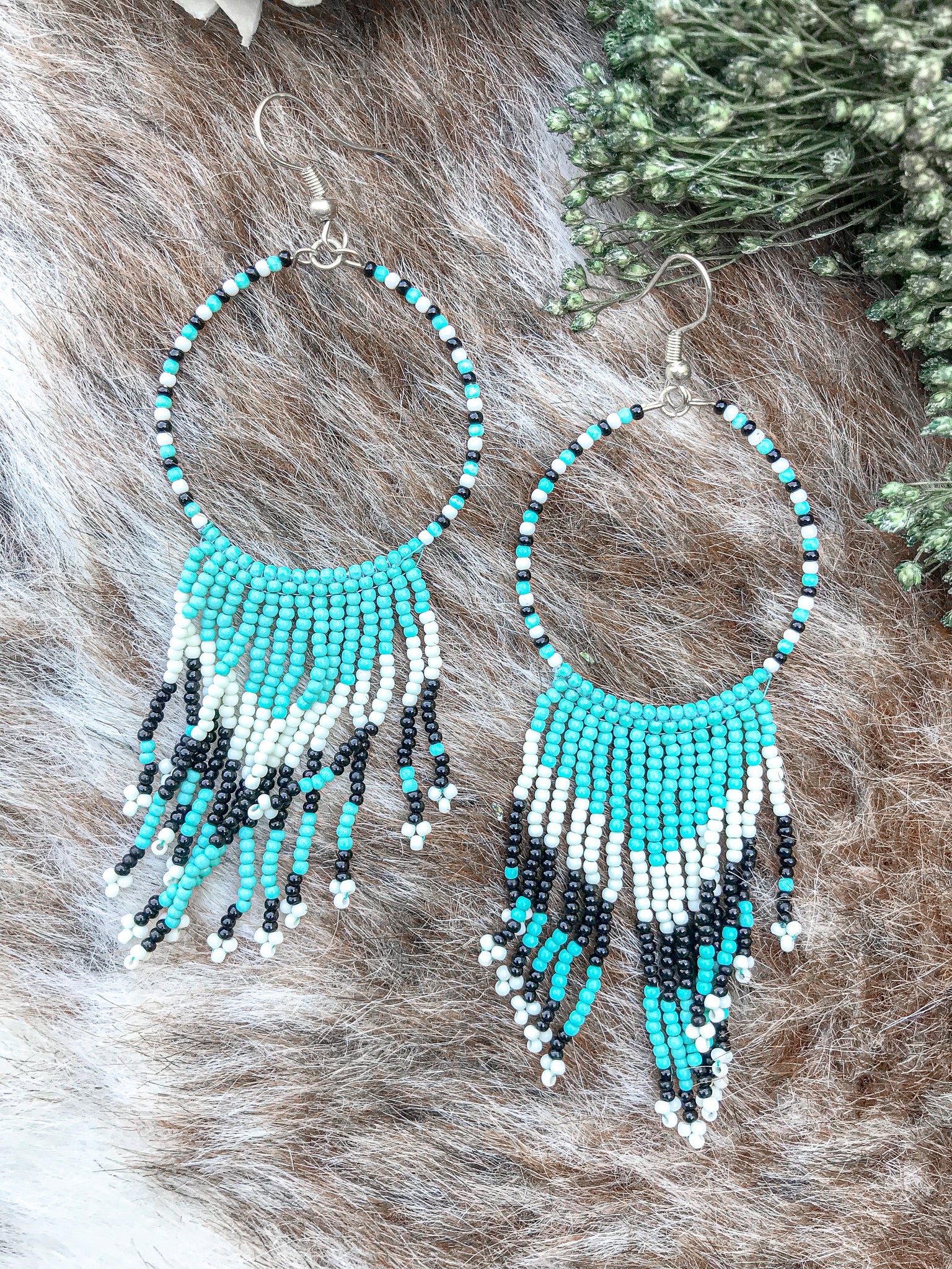 Turquoise & Black Seed Bead Chevron Fringe Hoop Earrings