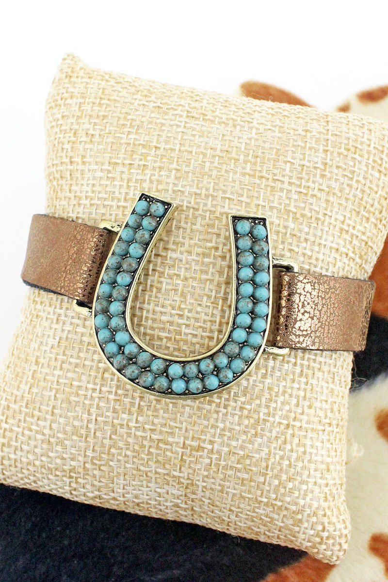 Turquoise Horseshoe Brown Snap Cuff Bracelet