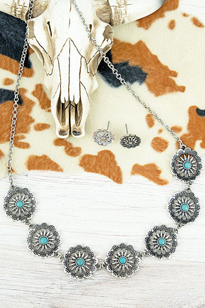 Turquoise Fleur Silvertone Necklace And Earring Set
