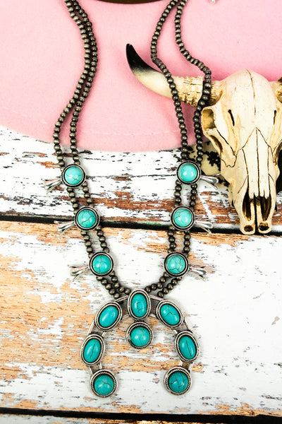 Turquoise Squash Blossom Silver Pearl Necklace