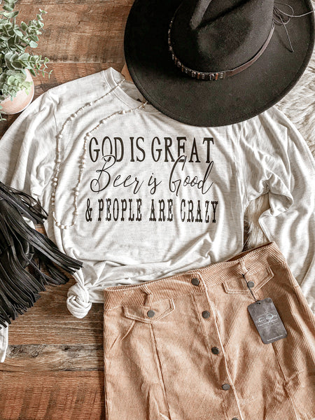 “God Is Great Beer is Good” women’s long sleeve white T-Shirt