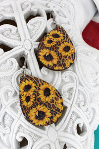 Sunflower Leopard Wood Teardrop Earrings