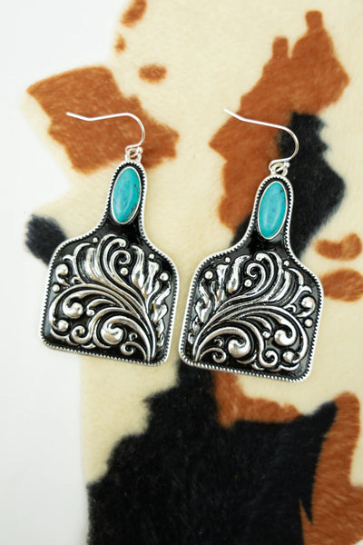 Turquoise Scroll Cattle Tag Earrings