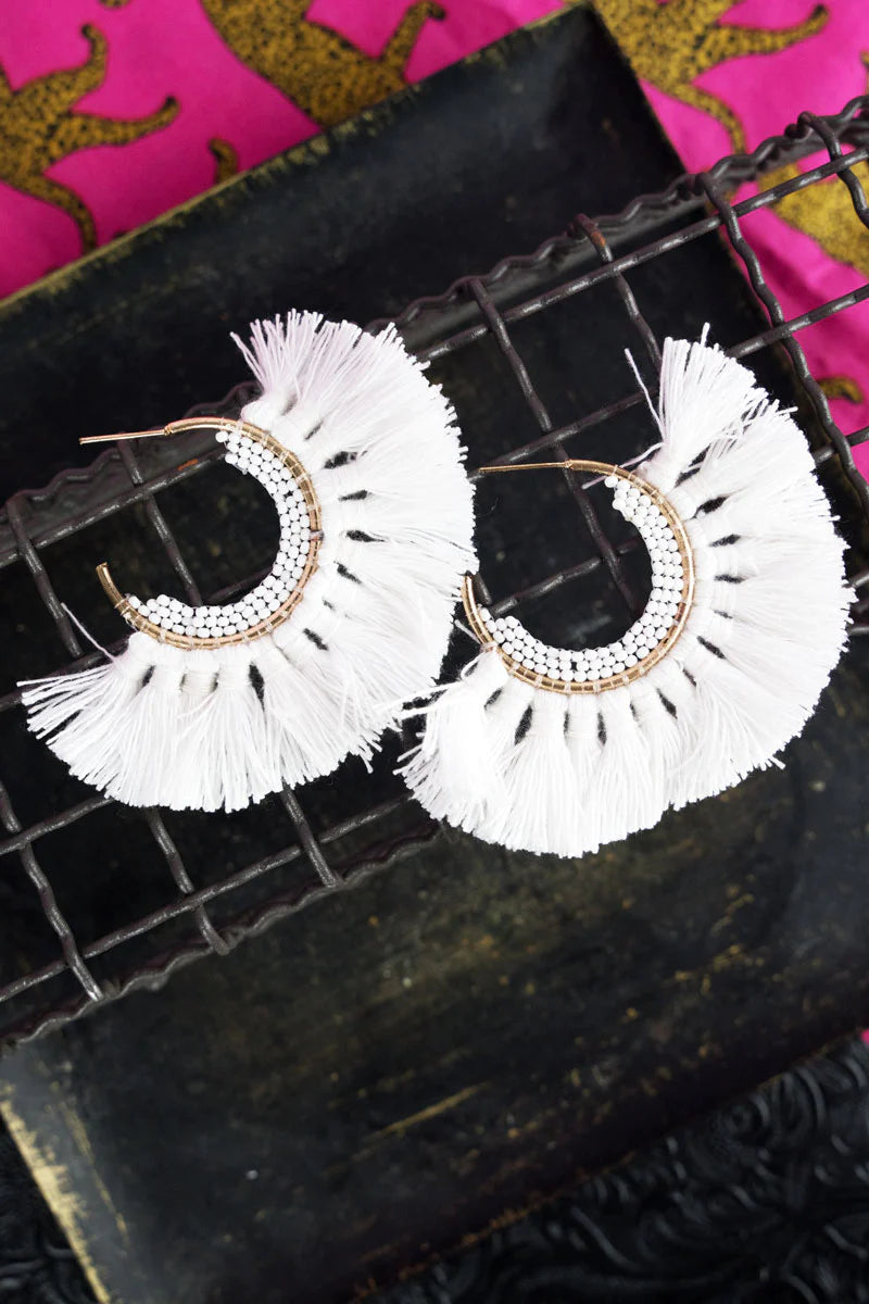 White Thread Tassel And Seed Bead Hoop Earrings