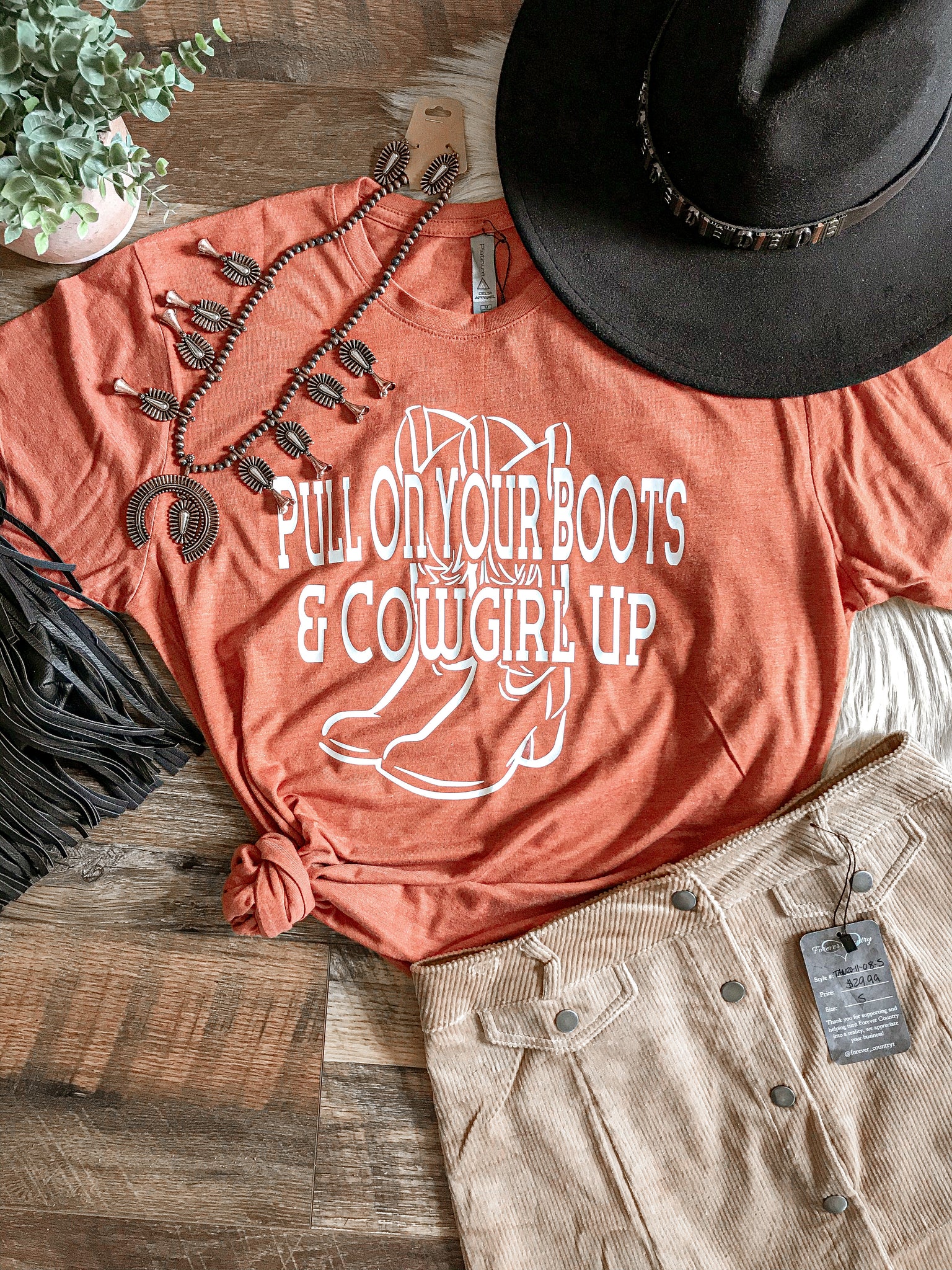 “Pull On Your Boots” women’s rust graphic T-Shirt