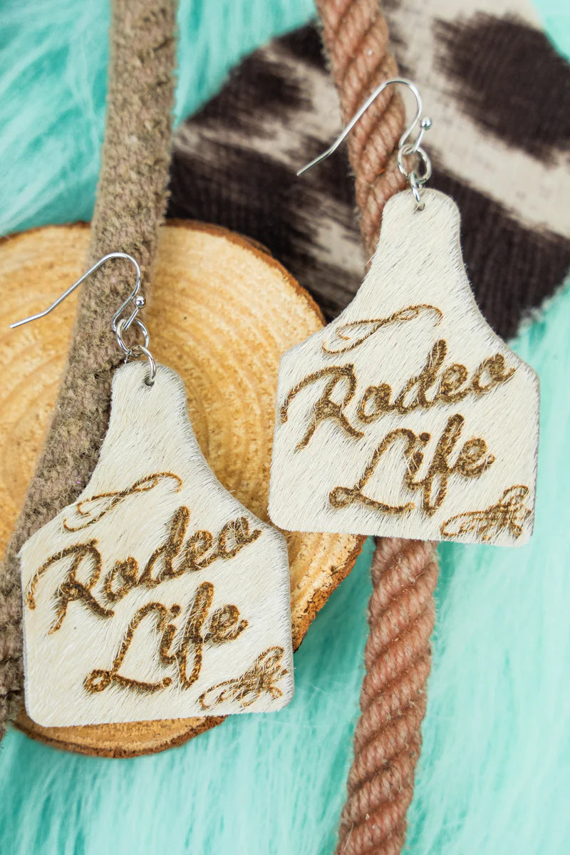 Cowhide ‘Rodeo Life’ Cattle Tag Earrings