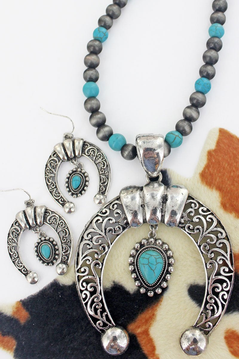 Turquoise Silver Pearl Necklace And Earring Set