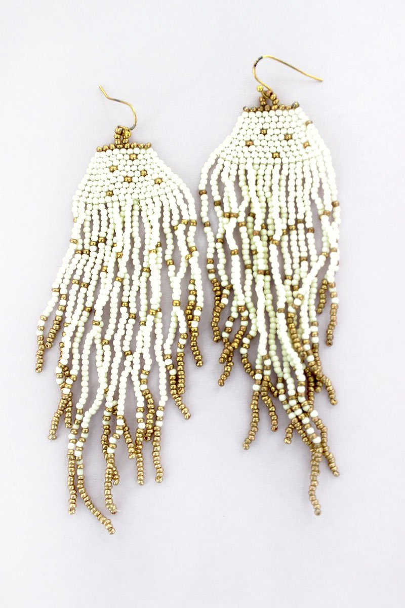 Ivory And Gold Seed Bead Fringe Earrings