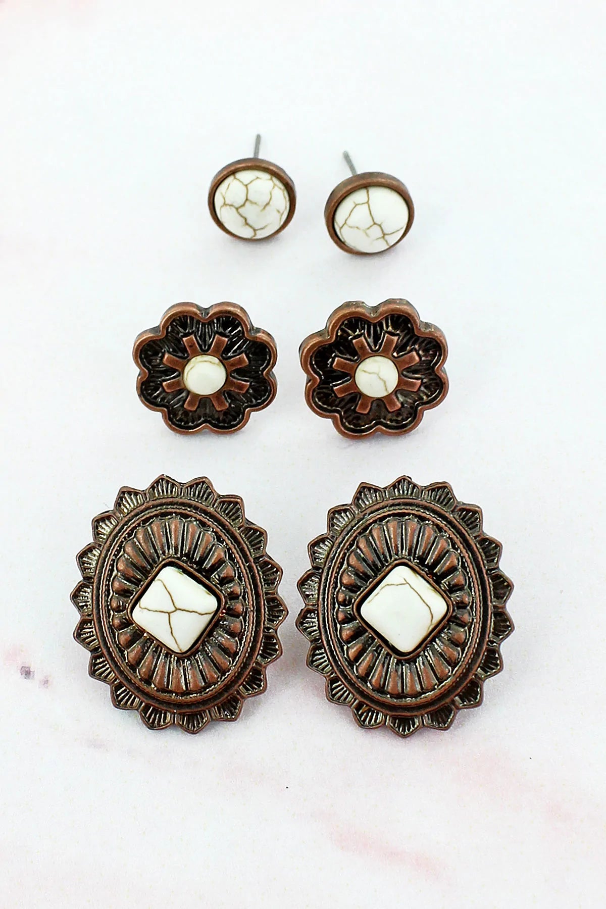 White Beaded Coppertone Earring Set